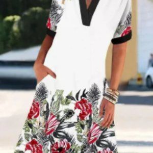 XL White Floral Casual Cotton-Blend Dresses